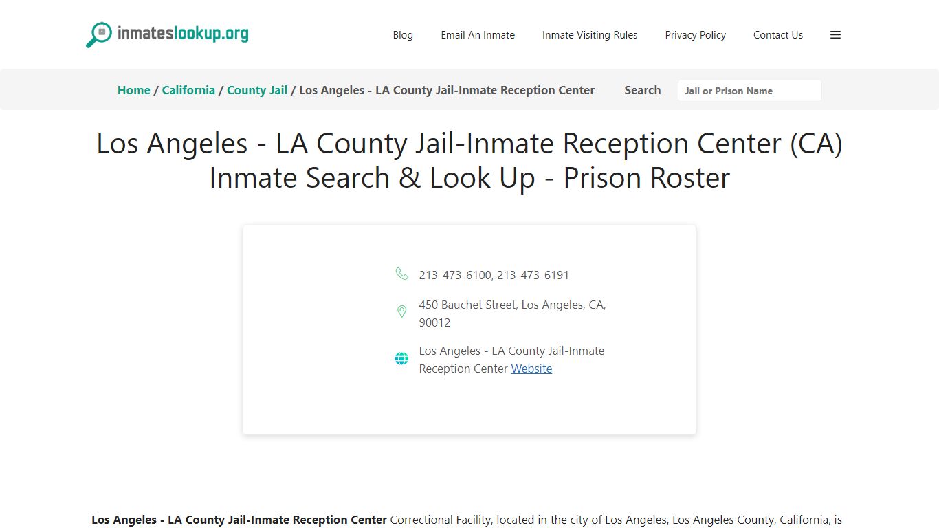 Los Angeles - LA County Jail-Inmate Reception Center (CA) Inmate Search ...